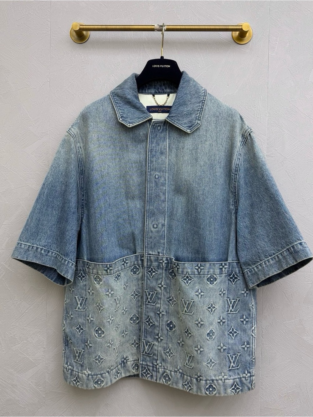 Louis Vuitton Washed Light Blue Denim Short-Sleeve Button Shirt